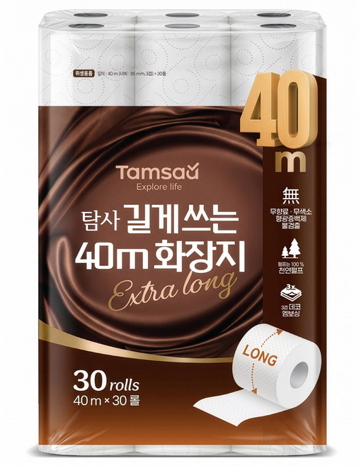 탐사 길게 쓰는 40M 천연펄프 화장지, 1개, 30롤
