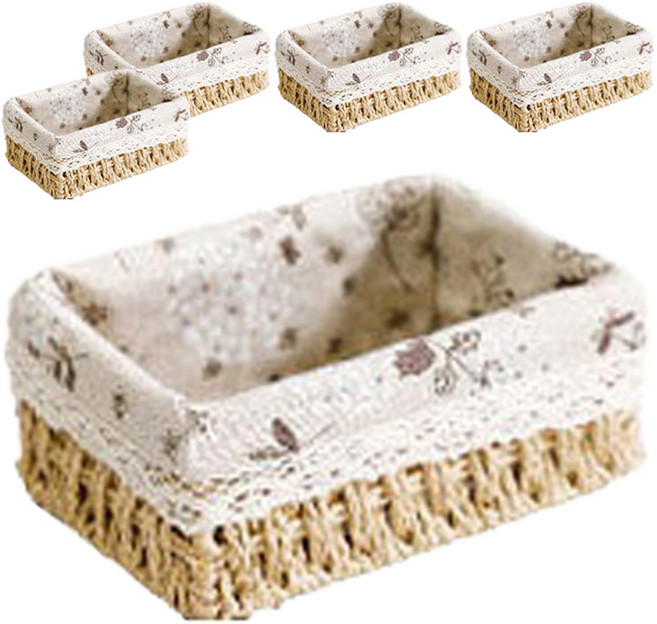 내츄럴 수공예 직사각 수납 린넨 라탄바구니, 혼합색상, 5개