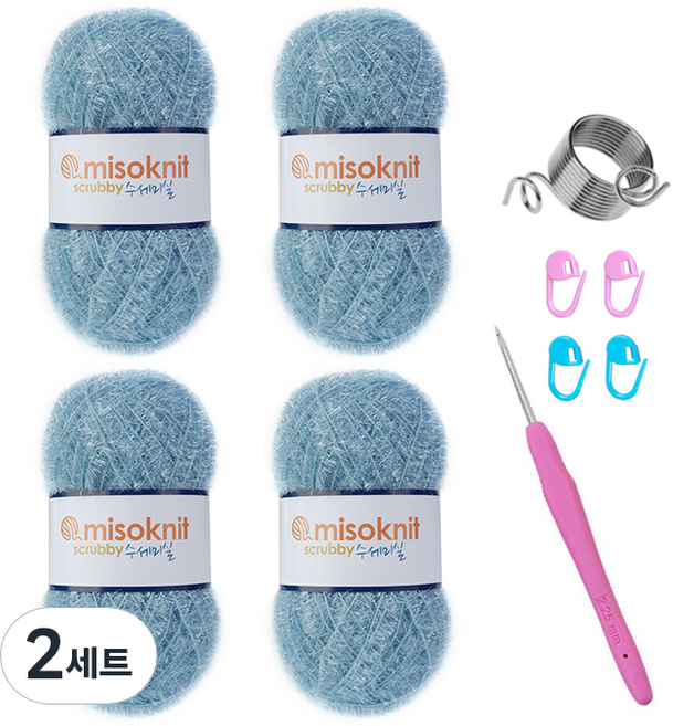 미소털실 수세미실 4p + 크로셰바늘 랜덤발송 + 단수핀 랜덤발송 4p + 뜨개반지링 세트, 62 파스텔그레이(수세미실), 2세트