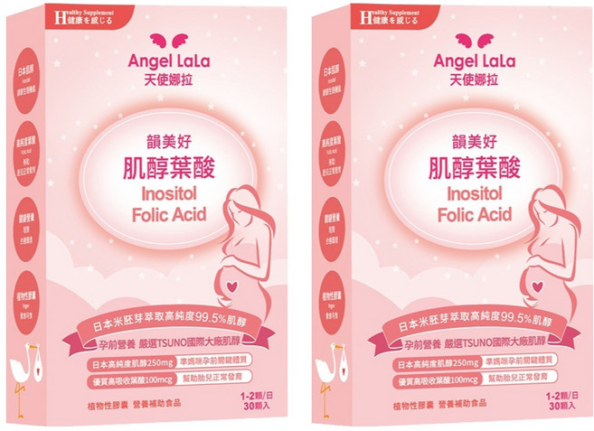 Angel LaLa 天使娜拉 日本高純度Tsuno500肌醇+葉酸膠囊, 30顆, 2盒
