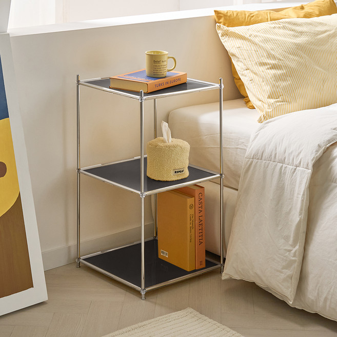 뮤레브 정사각 철제 모듈 미드센츄리 모던 사이드 테이블 선반, 블랙, 3단