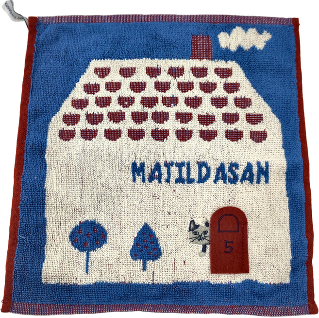 kUSUgURU JAPAN 日本眼鏡貓 Matilda-san系列 房子款絨毛刺繡提花毛巾手帕, 藍色, 1條