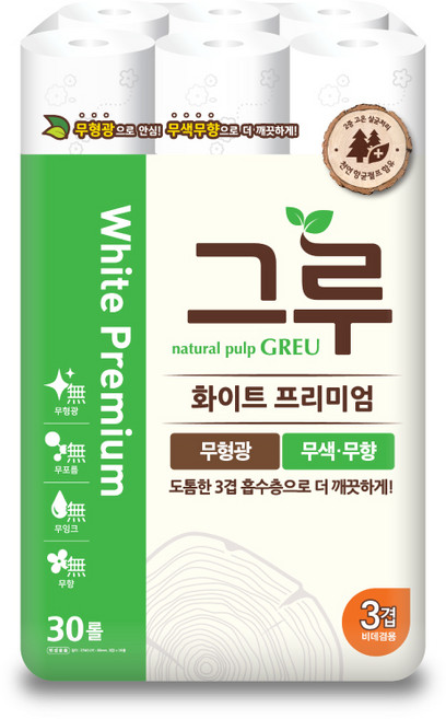 그루 3겹 천연펄프 화이트 프리미엄 롤화장지 27m, 30개입, 1개