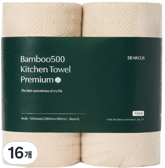 디어커스 뱀부500 천연펄프 키친타월 프리미엄 3겹, 140매, 16개