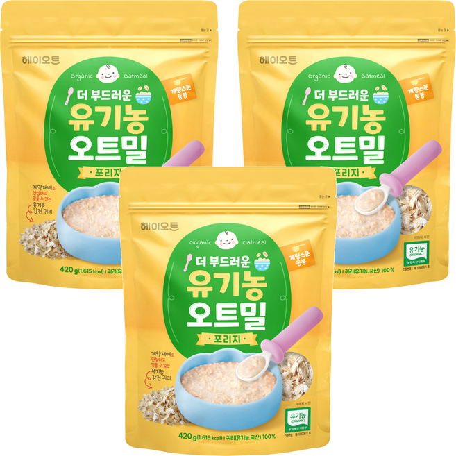 헤이오트 더 부드러운 유기농 포리지 오트밀 + 계량스푼 세트, 420g, 3개