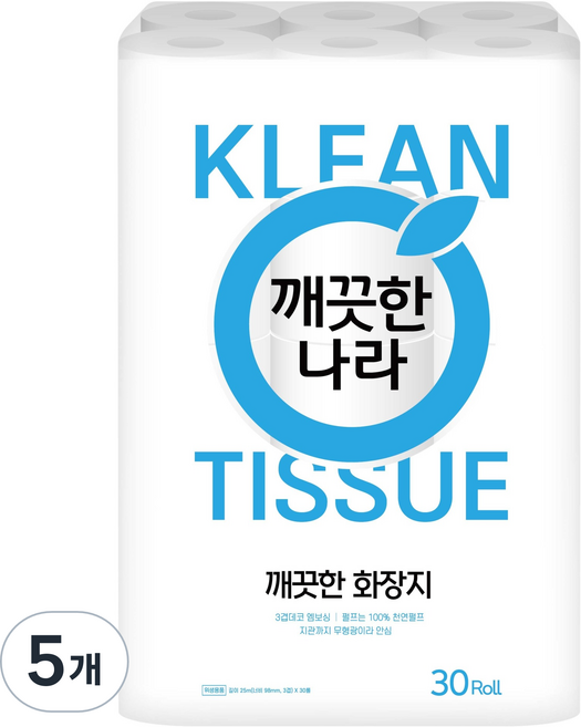 깨끗한나라 깨끗한 3겹 화장지, 5개, 30롤, 25m