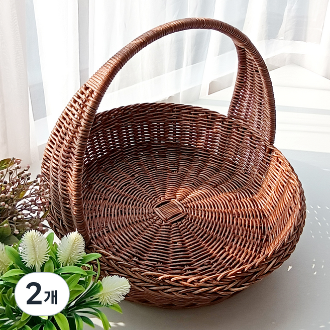 메종인다라탄샵 등나무 손잡이 원형 라탄바구니 N016H, 브라운, 2개