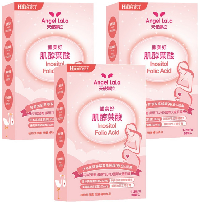 Angel LaLa 天使娜拉 日本高純度Tsuno500肌醇+葉酸膠囊, 30顆, 3盒