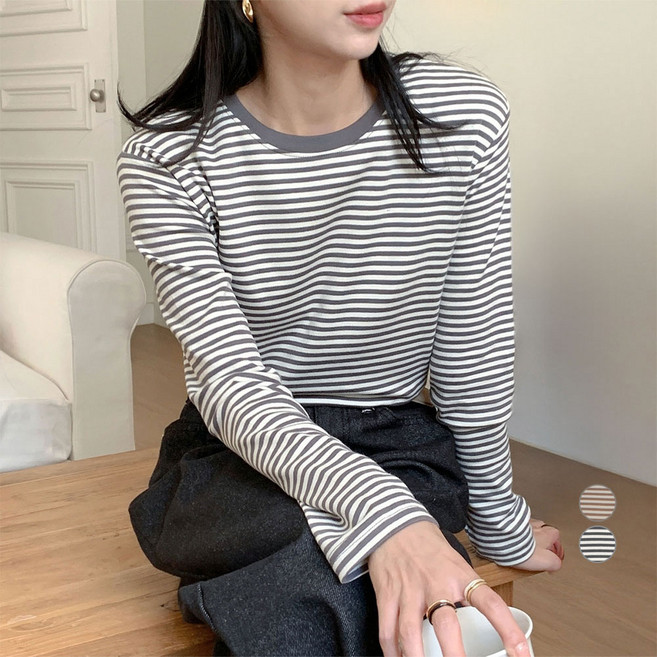 아피나르 여성용 피치기모 쫀쫀 도톰 스트라이프 립 긴팔 티셔츠