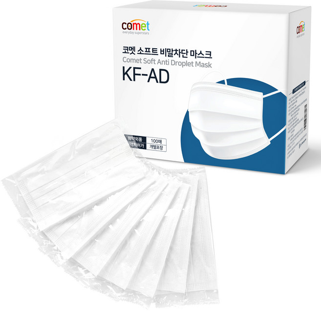 코멧 KF-AD 비말차단 마스크 개별포장, 100개입, 1개, 화이트