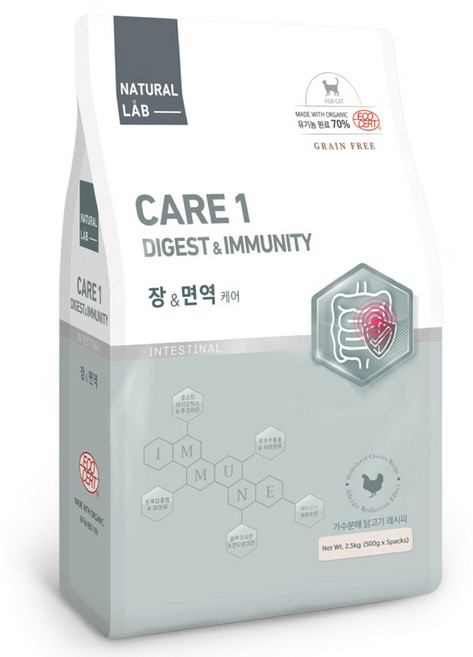네츄럴랩 고양이 케어1 유기농 기능성 사료, 장건강/유산균, 2.5kg, 1개