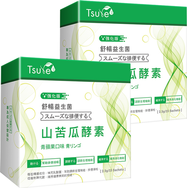 Tsuie 日濢 舒暢益生菌山苦瓜酵素 強化版 青蘋果口味, 15包, 2.5g, 2盒