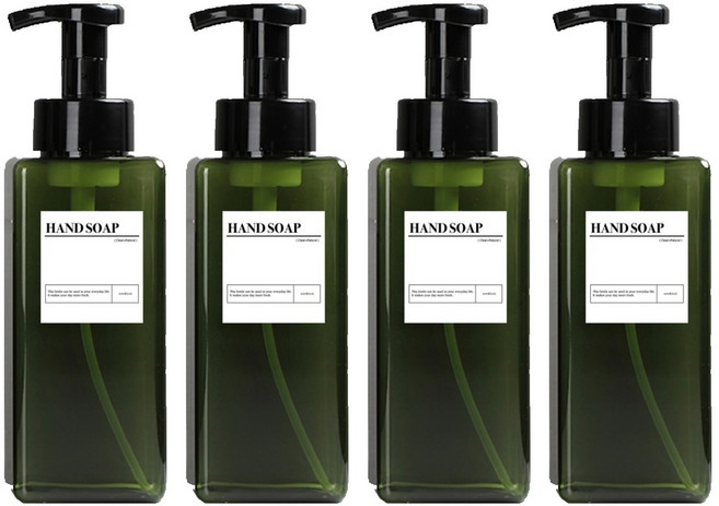뉴앤룩 사각 거품용기 핸드워시 리필공병 650ml + A라벨스티커 핸드솝 세트, 그린(리필공병), 4세트