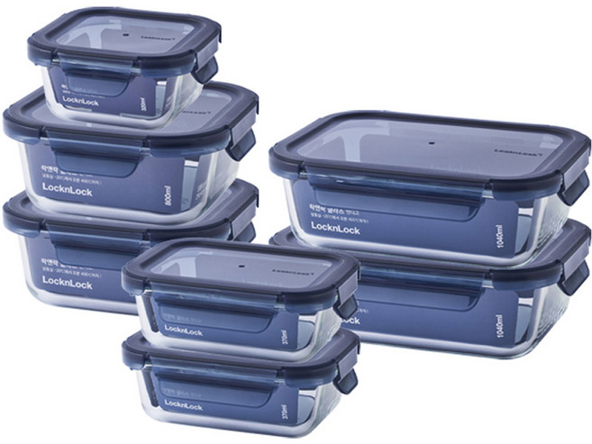 락앤락 인디고 글라스 밀폐용기 7p, 1세트, 320ml(1P) + 370ml(2P) + 800ml(2P) + 1040ml(2P)