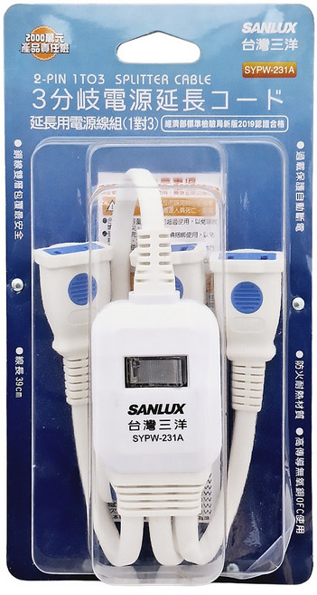 SANLUX 台灣三洋 轉接電源線3座單開關插座 2孔 SH3009, 0.39m, 白色, 1個