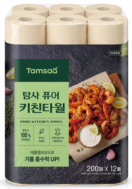 탐사 퓨어 무표백 키친타올 2겹 200매, 12롤, 1개