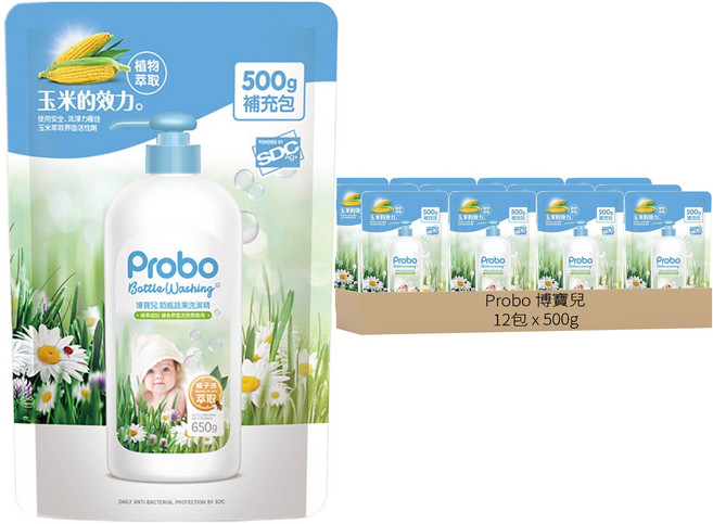 Probo 博寶兒 奶瓶蔬果洗潔精 補充包, 500g, 12包