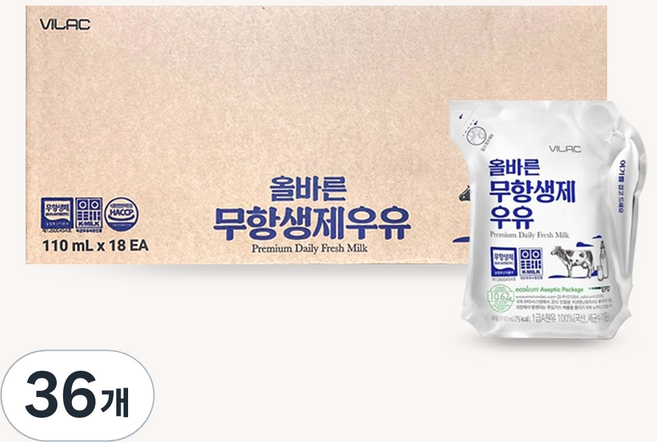 비락 올바른 무항생제 우유, 110ml, 36개