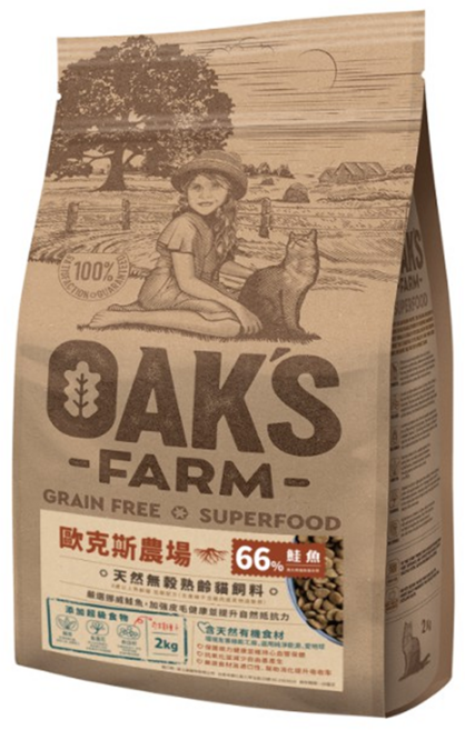 OAK'S FARM 天然無穀熟齡貓飼料, 鮭魚, 2kg, 1袋