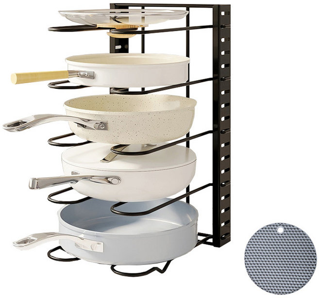 엠디유마켓 프리미엄 높이 조절 후라이팬 정리대 + 냄비받침대 세트, 5단, 블랙, 1세트