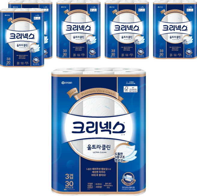 크리넥스 울트라클린 천연펄프 3겹 고급롤화장지, 27m, 30개입, 6개