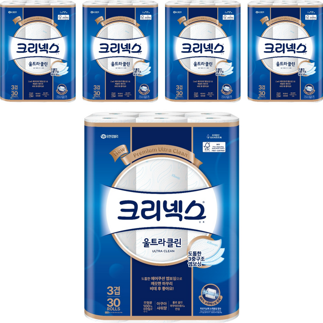 크리넥스 울트라클린 천연펄프 3겹 고급롤화장지, 27m, 30개입, 5개