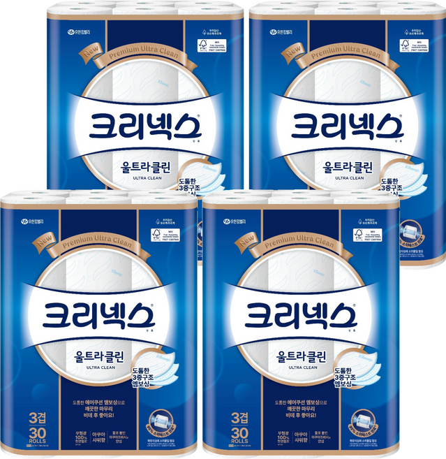 크리넥스 울트라클린 천연펄프 3겹 고급롤화장지, 27m, 30개입, 4개