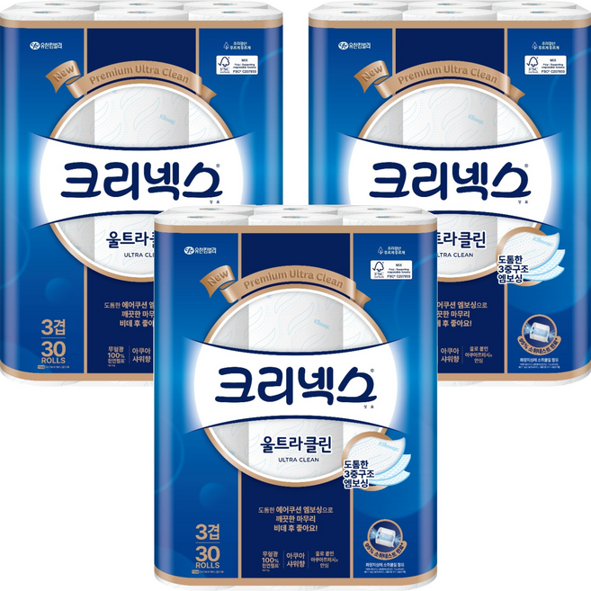 크리넥스 울트라클린 천연펄프 3겹 고급롤화장지, 27m, 30개입, 3개