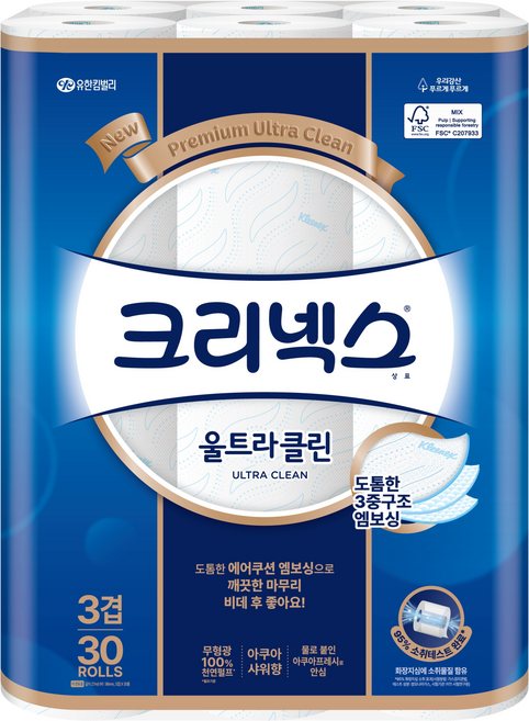 크리넥스 울트라클린 천연펄프 3겹 고급롤화장지, 27m, 30개입, 1개