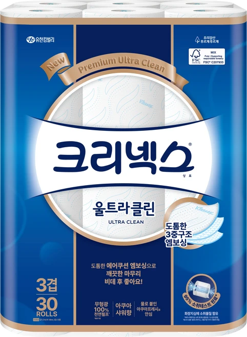 크리넥스 울트라클린 천연펄프 3겹 고급롤화장지, 27m, 30개입, 1개 - 쿠팡