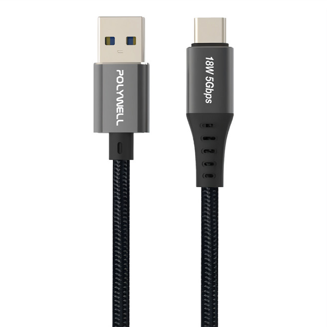POLYWELL 寶利威爾 USB3.1 5Gbps Type-C對A 3A 充電傳輸線 18W, 0.5m, 黑色, 1條