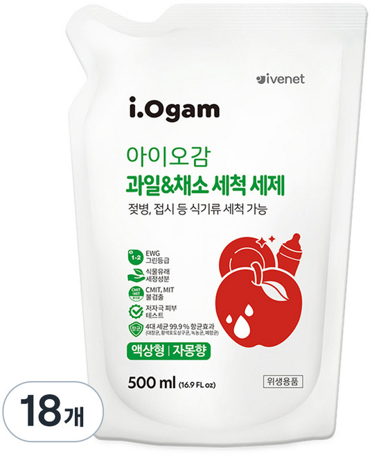 아이오감 과일&채소 세척 세제 액상형 리필, 500ml, 18개
