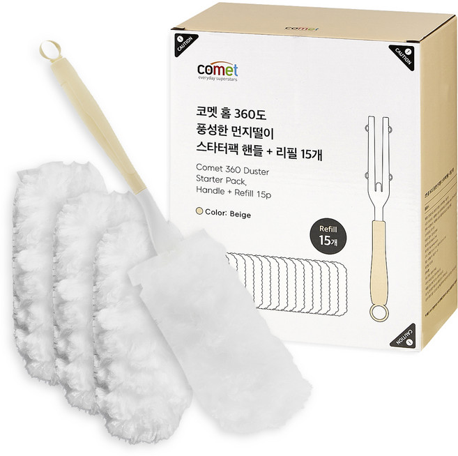 코멧 홈 360도 풍성한 핸들 먼지떨이 스타터팩 + 리필 15p 세트, 화이트, 1세트