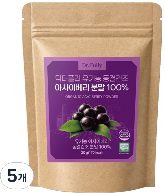 닥터풀리 유기농 동결건조 아사이베리 분말 100%, 30g, 5개