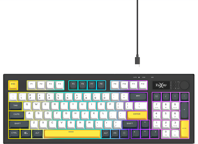 FOXXRAY 狐鐳 烈影旋鈕式極致靜音電競鍵盤, FXR-BKL-97, 黑色 + 白色 + 黃色, 製造商軸