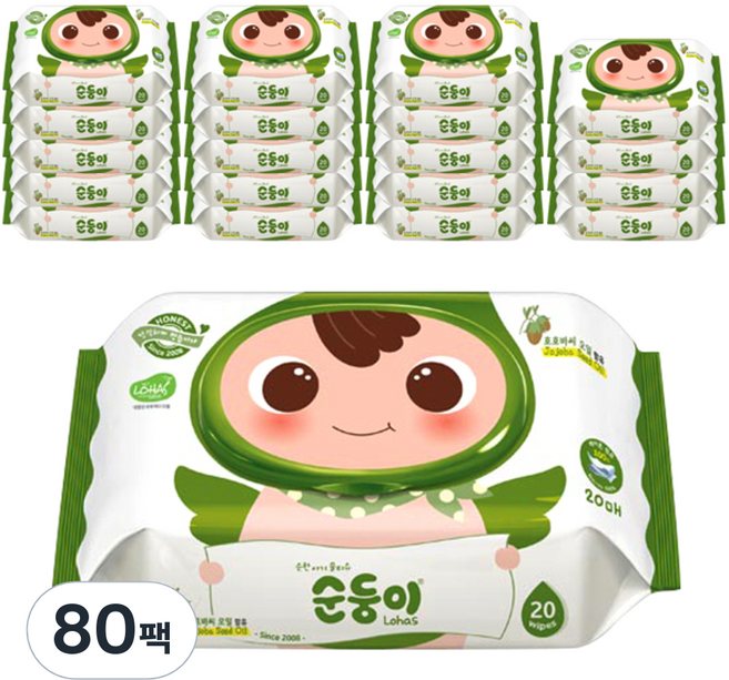순둥이 로하스 휴대용 아기 물티슈 캡형, 75g, 20매, 4개