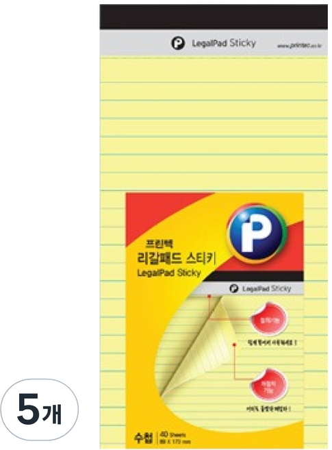 프린텍 리갈패드 스티키 89 x 173 mm LP89Y, 노랑, 40매, 5개