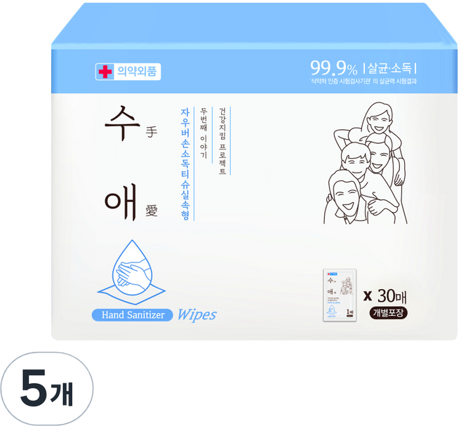 자우버 수애 손소독 티슈 실속형, 5개, 30개입, 1g
