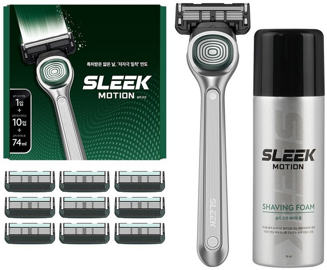 도루코 슬릭 모션 면도기 세트, 면도기핸들 + 면도날 10p + 쉐이빙폼 74ml, 1세트