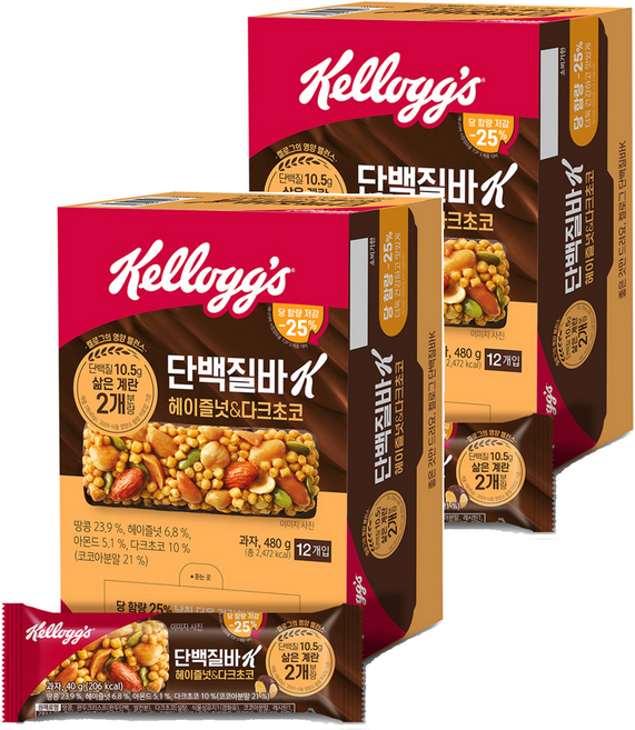 켈로그 단백질바K 헤이즐넛 앤 다크초코, 480g, 2개