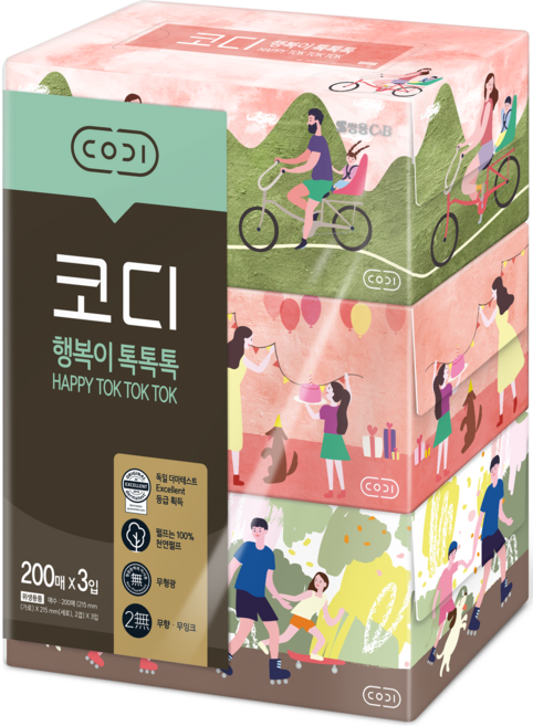 코디 행복이 톡톡톡 천연펄프 각티슈 2겹, 200매, 3개
