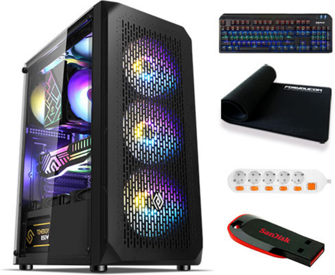 포유컴퓨터 게이밍 에디션 조립 PC 05 (i3-10100F WIN미포함 RAM 8GB NVMe 500GB GT1030) + 게이밍 기계식 키보드 + 게이밍 장패드 + 5구형 멀티탭 + USB 32GB, 기본형