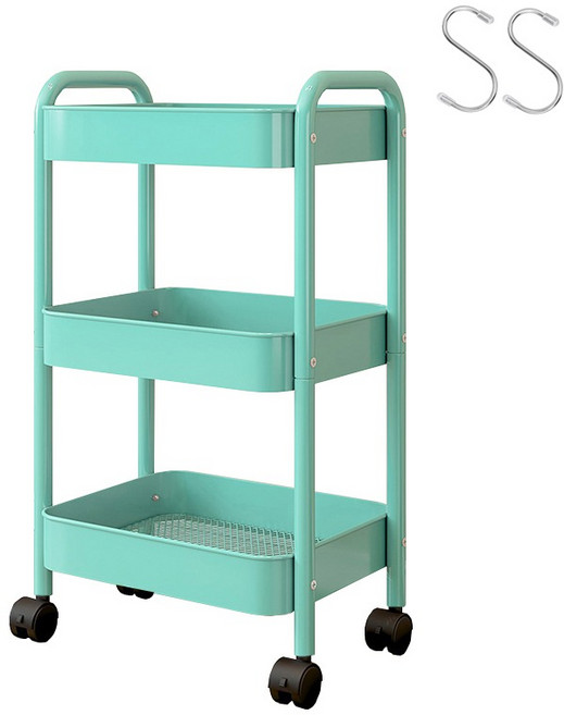 엠디유마켓 프리미엄 이동식 철제 트롤리 3단 + 스텐 S자 고리 2p 세트, 블루