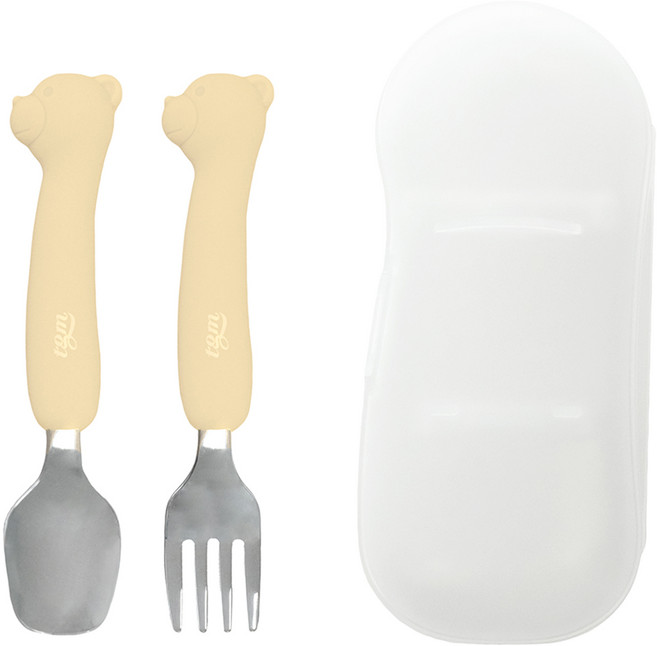 티지엠 실리콘 스테인리스 스푼포크 세트 곰돌이, 베이지, 스푼 + 포크 + 케이스, 1세트