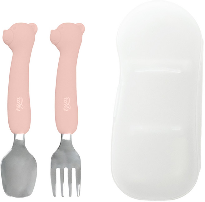 티지엠 실리콘 스테인리스 스푼포크 세트 곰돌이, 코랄핑크, 스푼 + 포크 + 케이스, 1세트