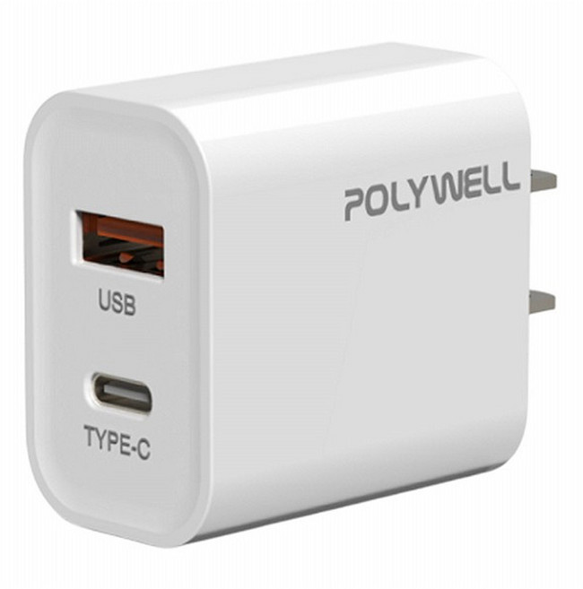 POLYWELL 寶利威爾 雙孔PD充電頭 20W Type-A + Type-C, 白色, 1個