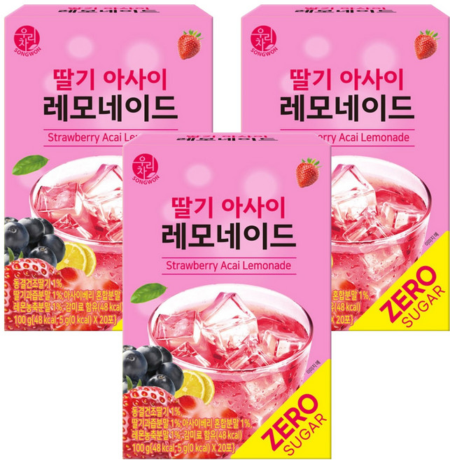 우리차 딸기 아사이 레모네이드 분말, 5g, 20개입, 3개