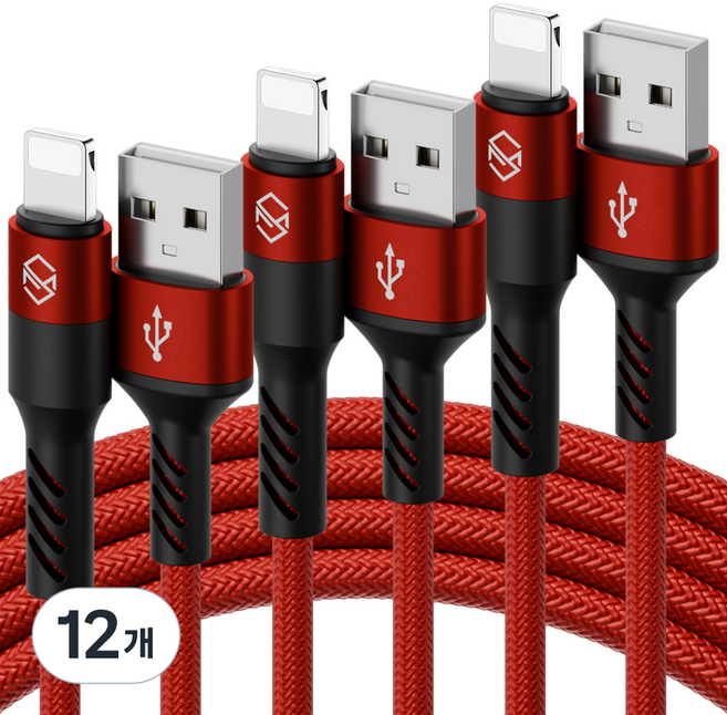신지모루 로프 아이폰 고속충전 케이블, 1m, 레드, 12개