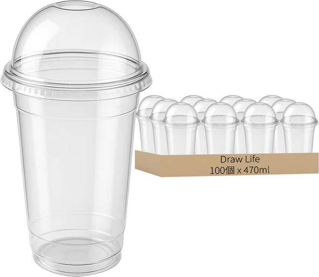 Draw Life 透明 PET 冰杯 + 圓頂蓋, 1組, 100個, 470ml