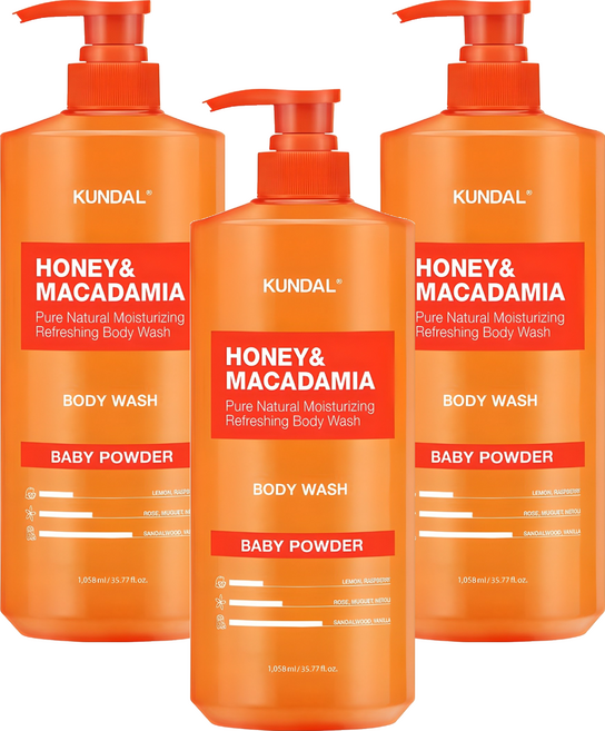 쿤달 허니 앤드 마카다미아 퓨어 바디워시 베이비파우더향, 1.058L, 3개